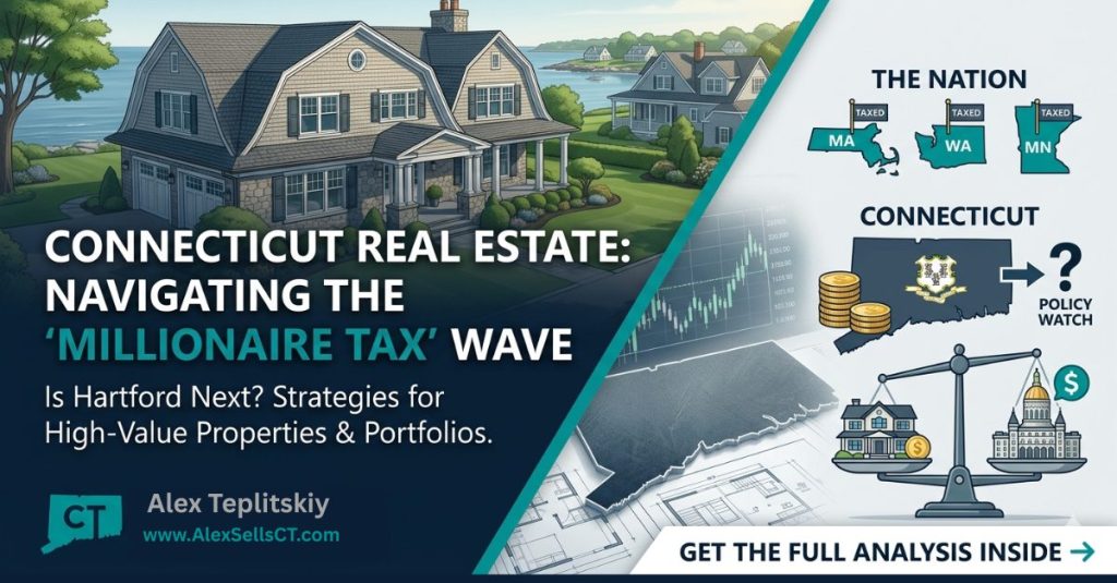 Connecticut Real Estate and Millionaire Tax analysis infographic featuring CT map and luxury home.