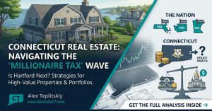Connecticut Real Estate and Millionaire Tax analysis infographic featuring CT map and luxury home.